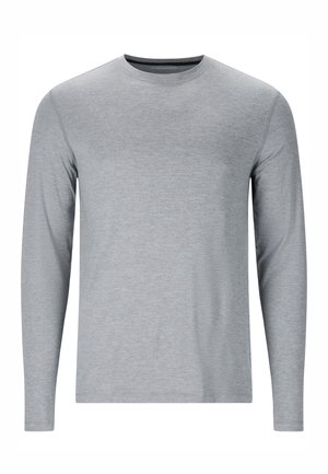 T-shirt à manches longues gris clair avec col rond, coupe slim et texture de tissu lisse, présenté sur un fond blanc.