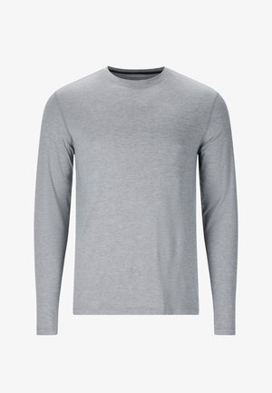 T-shirt à manches longues gris clair avec col rond, coupe slim et texture de tissu lisse, présenté sur un fond blanc.