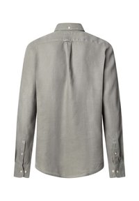 Camicia a maniche lunghe grigia chiaro in lino, con collo classico, polsini abbottonati e mantellina sul retro per una migliore vestibilità. Senza motivi visibili.