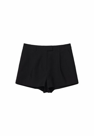 Schwarze, maßgeschneiderte Shorts mit Gürtelschlaufen, Fronttaschen und einem vorderen Reißverschluss, dargestellt auf weißem Hintergrund.