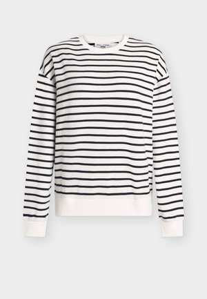 Fehér pulóver tengerészkék csíkokkal, hosszú ujjú, kerek nyakú, bordázott mandzsettával és szegéllyel. Puha anyagból, laza szabású, minimalista dizájn.