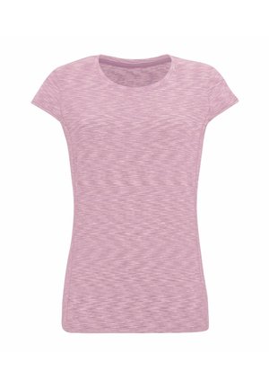 Damski dopasowany T-shirt z krótkim rękawem w jasnoróżowej melanżowej tkaninie z okrągłym dekoltem, pokazany na białym tle.