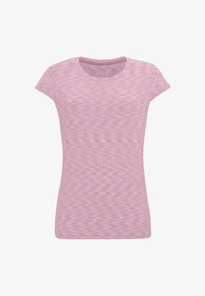Damski dopasowany T-shirt z krótkim rękawem w jasnoróżowej melanżowej tkaninie z okrągłym dekoltem, pokazany na białym tle.
