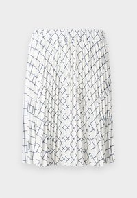 Jupe blanche avec un design plissé, arborant un motif géométrique bleu marine de lignes entrecroisées. Taille élastique avec un détail de cordon.