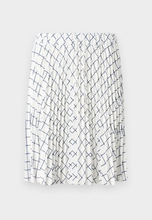 Witte rok met een geplooid ontwerp, met een marineblauw geometrisch patroon van kruisende lijnen. Elastische tailleband met koorddetail.
