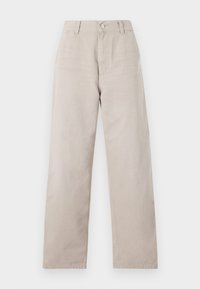 Pantaloni beige a gamba dritta realizzati in cotone liscio. Presentano una chiusura con bottone, passanti per cintura e tasche laterali. Design semplice e pulito.