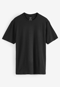 T-shirt in cotone nero con vestibilità regolare, colletto tondo, maniche corte e una superficie liscia. Design semplice senza fantasie o dettagli.