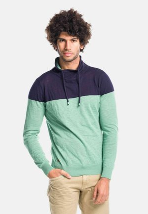 Langarm sweatshirt in groen en marineblauw, met een funnelnek, trekkoord, ribgebreide manchetten en een textuurfinish. Casual pasvorm met een glad uiterlijk.