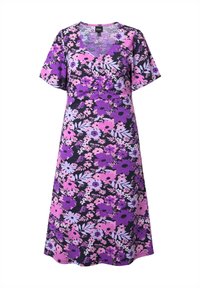 Květinové šaty s výstřihem do V, krátkými rukávy a sytými fialovými, růžovými a modrými barvami s mixem květinového vzoru na tmavém pozadí.