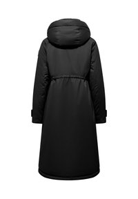 Cappotto puffo nero con colletto alto, vita stretta e maniche lunghe. Presenta una texture liscia e una silhouette affusolata.