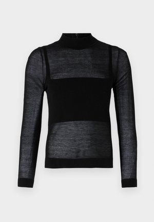 Black long-sleeve top with a mock neck, featuring sheer textured panels, solid lower section, and fitted cuffs.