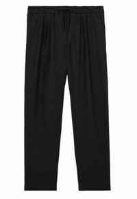 Fekete, könnyű, rugalmas derékkal ellátott nadrág, behúzós derékkal, testhezálló fazonnal, egyenes lábszárral és sima textúrával. Zsebek és minták nélkül.