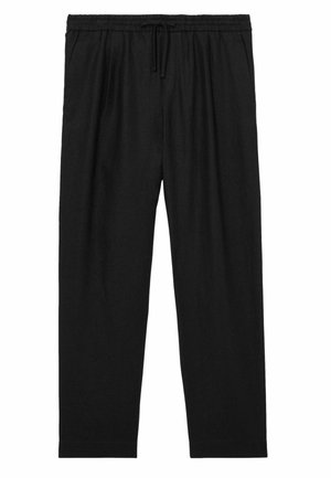 Schwarze, leichte, elastische Hose mit Kordelzug, taillierte Passform, gerade Beine und glatter Textur. Ohne Taschen oder Muster.