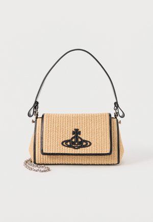 Rectangular beige woven handbag with black trim, a top black handle, and a silver chain detail, featuring a black emblem on the front flap.