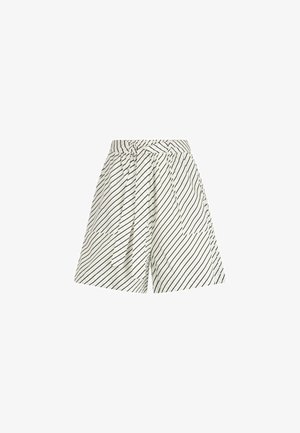 Shorts a vita alta a righe in crema con linee diagonali nere. Presentano una cintura con fiocco e tasche laterali. Tessuto leggero con una consistenza liscia.