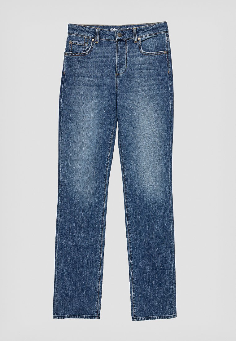 Jeans in denim blu con un design a gamba dritta, caratterizzati da cinque tasche, cuciture visibili e una finitura sbiadita sulle cosce.