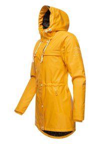 Gelbe wasserdichte Jacke mit Kapuze, Druckknöpfen, zwei Fronttaschen und verstellbarem Kordelzug. Gefüttertes Innenfutter mit einem gemusterten Design.