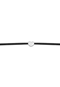 Sort læderkabel armbånd med et poleret sølv hjertecharms i midten. Hjertet er glat med en subtil reflekterende finish.