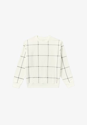White sweatshirt with a grid pattern in black. Features a round neckline, long sleeves, and ribbed cuffs and hem. Soft texture.