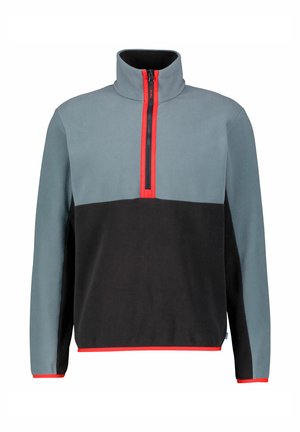 Fleece-Pullover mit halbem Reißverschluss, hohem Kragen, grauen und schwarzen Farbblöcken sowie roten Akzenten entlang des Reißverschlusses und Saums.