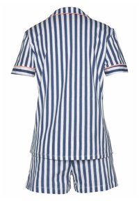 Striped short-sleeve pajama set in navy and white. Features a collar, horizontal stripes, and contrasting red accents on sleeves.