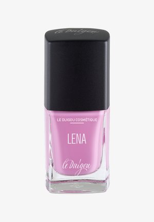 Fläschchen mit pinkem Nagellack, beschriftet mit "LENA" von Le Duigou Cosmetique, mit schwarzem quadratischem Deckel.