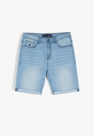 Jasnoniebieskie szorty dżinsowe z podwiniętym dołem, z przednimi kieszeniami, zamkiem błyskawicznym i prostym krojem. Tkanina ma gładką fakturę.