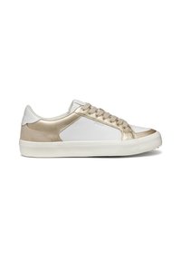 White and gold athletic shoe featuring a leather and textile upper, rounded toe, contrasting accents, and a rubber outsole.