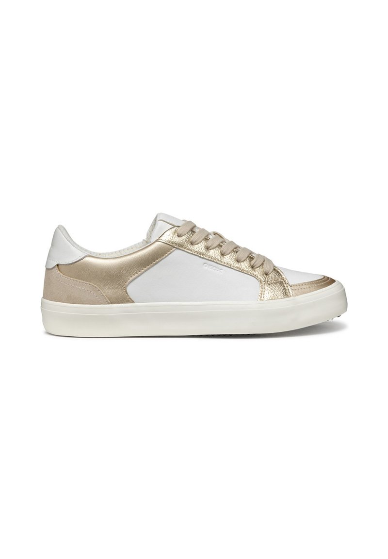 White and gold athletic shoe featuring a leather and textile upper, rounded toe, contrasting accents, and a rubber outsole.