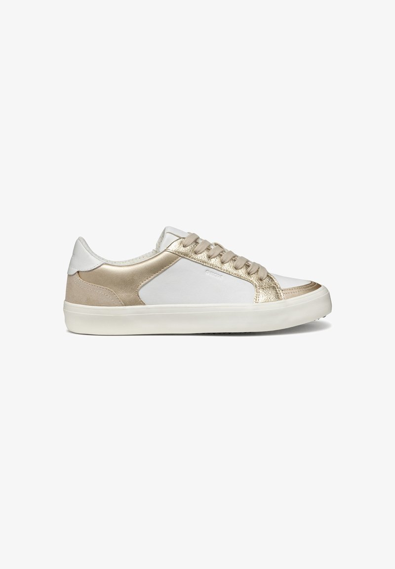 White and gold athletic shoe featuring a leather and textile upper, rounded toe, contrasting accents, and a rubber outsole.