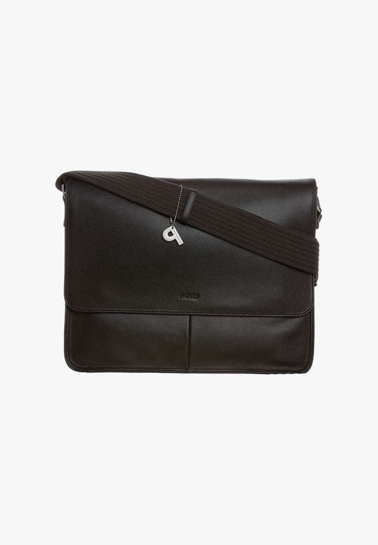 Bolso de mensajero de cuero negro con correa ajustable para el hombro de tela oscura y dije plateado con la letra "P".