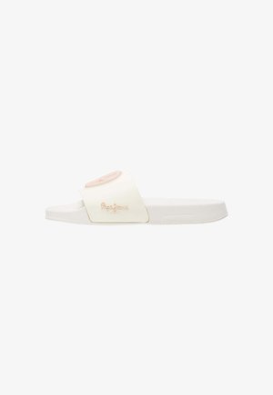 Sandal con fasce bianche e dettagli rosa chiaro, con una fascia testurizzata. Presenta un logo impresso sul lato e una suola piatta per il massimo comfort.
