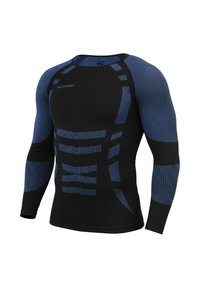 Long-sleeve athletic shirt in black and blue. Features textured patterns and ribbed detailing, crafted from stretchable, moisture-wicking material.