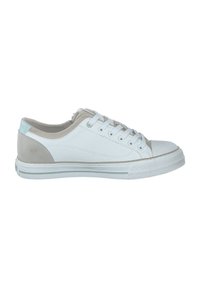 Sneaker bianchi con una tomaia in pelle liscia, dettagli in suede grigio chiaro, punta rotonda, suola piatta in gomma bianca e design con sei occhielli per il lacci.