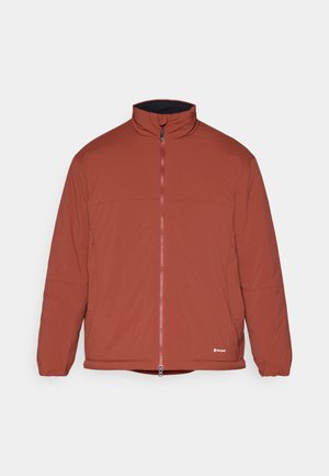 Red insulated jacket with a high collar, full front zipper, and zippered side pockets. Features a smooth texture and solid design.