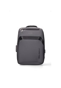 Zaino grigio realizzato in materiale liscio e resistente. Presenta una tasca frontale con zip e la scritta in rilievo "FREE TIME". Include una maniglia superiore e spallacci regolabili.