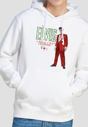 Weißer Hoodie mit Fronttasche und dem Text "Elvis A Rock n' Roll Christmas" sowie einem Bild von Elvis Presley in einem roten Anzug.
