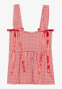 Rød og hvid gingham-top med justerbare satin-stropper, samlet talje og en vidde forneden. Har sløjfedetaljer på skulderstropperne.