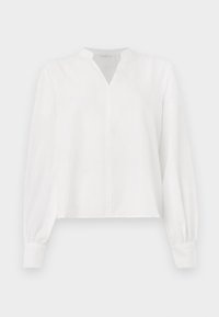 Witte blouse met lange mouwen en een V-halslijn, geplooide details en gathered manchet. Zachte, gladde stof met een relaxte pasvorm.