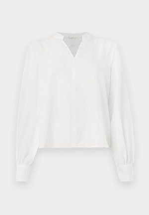 Valge pika varrukaga pluus v-kaelusega, kortsunud detailide ja kogutud varrukatega. Pehme, sile kangas ja lõdva istuvusega.