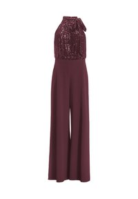 Jumpsuit senza maniche bordeaux con top halter tempestato di paillettes, caratterizzato da un fiocco laterale e pantaloni larghi in tinta unita.