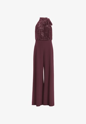 Jumpsuit senza maniche bordeaux con top halter tempestato di paillettes, caratterizzato da un fiocco laterale e pantaloni larghi in tinta unita.