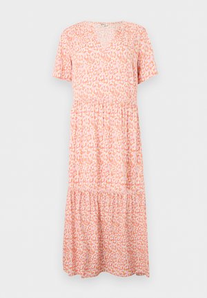 Φόρεμα midi σε ανοιχτό ροζ χρώμα με κοντά μανίκια, V-λαιμόκοψη, σούρες στη μέση, πολυεπίπεδη φούστα και πορτοκαλί αφηρημένο λεοπάρ μοτίβο.