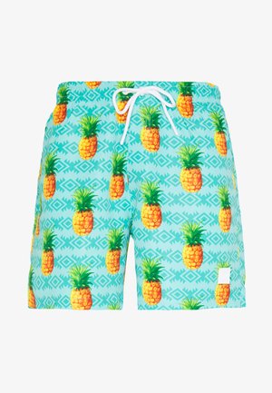Turkusowe szorty kąpielowe z nadrukiem ananasa i zielonymi liśćmi. Zawierają białą sznurek do regulacji i subtelne tło w geometryczny wzór.