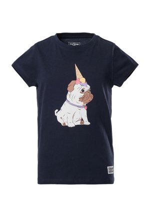 Granatowy t-shirt z kreskówkowym mopsem siedzącym, noszącym obrożę i z odwróconym do góry nogami rożkiem lodów z topniejącymi gałkami na głowie.