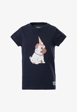 Granatowy t-shirt z kreskówkowym mopsem siedzącym, noszącym obrożę i z odwróconym do góry nogami rożkiem lodów z topniejącymi gałkami na głowie.