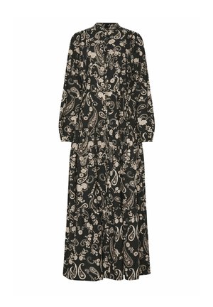 Vestido largo negro con un patrón de paisley y flores en crema. Tiene un cuello con solapa y mangas largas. Dobladillo fluido con diseño en capas.