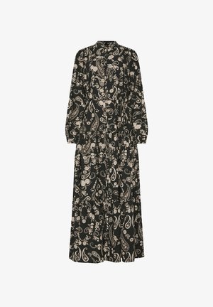 Lang zwarte jurk met een paisley- en bloemenpatroon in crème. Heeft een kraag en lange mouwen. Vloeiende zoom met gelaagd ontwerp.