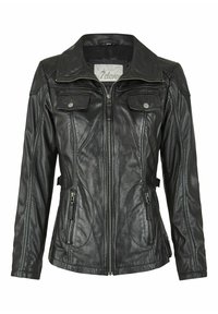 Schwarze Lederjacke mit Reißverschluss, großem Kragen, zwei Brusttaschen, seitlichen Reißverschlusstaschen, vier Akzentnähten und einem leicht taillierten Schnitt.