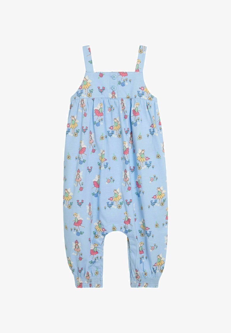Salopetă din bumbac de culoare albastră deschisă, cu curele ajustabile, decorată cu un print floral și de zâne, talie strânsă și tiv elastic pe picioare.